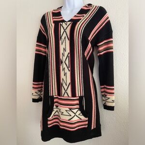 Geometric Black Salmon White Striped Hoodie Hooded V-Neck Sweater Dress Size S/M